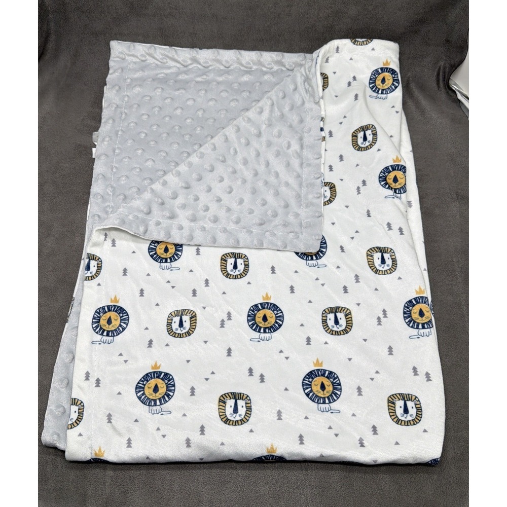 Baby Luxe Lion White Gray Minky Raised Dot Blanket